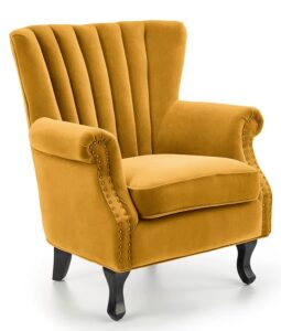 Musztardowy pikowany fotel wypoczynkowy – elegancka welurowa tapicerka, komfortowe siedzisko, naturalne drewno