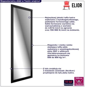 Czarne prostokątne lustro wiszące P5-M53 – minimalistyczny design, elegancka ramka, wymiary 127×47 cm, szkło hartowane