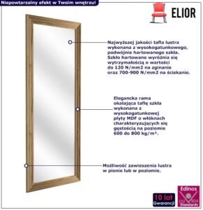 Prostokątne lustro w ramie Elior – minimalistyczny design, ciepły dąb, wysokość 142 cm, szerokość 50 cm, szkło hartowane