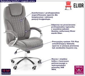 Szary welurowy fotel obrotowy L2-S08 – ergonomiczny, regulowany, nowoczesny, tkanina River