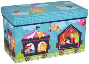 Niebieska składana pufa dziecięca ze schowkiem pociąg – Elie 3X, kolorowy wzór, MDF, 60x30x35 cm