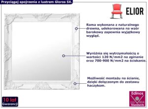Białe kwadratowe lustro w rustykalnej ramie G6-A05 – elegancka dekoracja, barokowe zdobienia, drewno mango, 60 cm x 60 cm