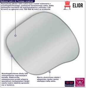 Nieregularne lustro Elior w metalowej ramie – podświetlenie LED, biały, czarny, srebrny lub złoty, 70×60 cm
