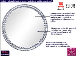 Okrągłe lustro z ramą z kryształków akrylowych K3-D78 – eleganckie obramowanie, srebrny, średnica 40 cm, szkło hartowane