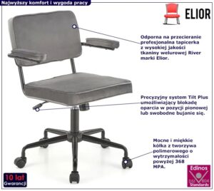 Szare krzesło do biurka z podłokietnikami N6-S72 – luksusowy welur, ergonomiczne wsparcie, czarny stelaż