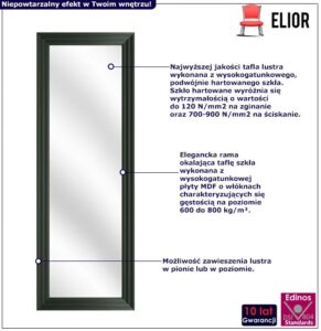 Ciemnozielone lustro ścienne K9-T74 – minimalistyczny design, elegancja, 142 cm x 50 cm, szkło hartowane, płyta MDF