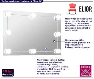 Prostokątne wiszące lustro LED 60×40 cm Elior – nowoczesne wzornictwo, srebrna rama, szkło