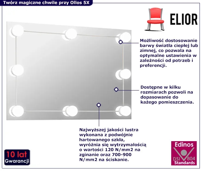 Prostokątne wiszące lustro LED 60×40 cm Elior – nowoczesne wzornictwo, srebrna rama, szkło