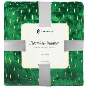 Narzuta na łóżko koc 200×220 cm pled zielony, złote tłoczenia, materiał poliester