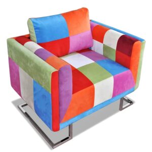 Klubowy fotel patchwork z chromowaną podstawą F4-E35 – ergonomiczne oparcie, kolorowa tapicerka, stal nierdzewna