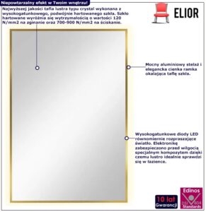 Złote lustro z podświetleniem ledowym 60×90 cm – nowoczesne, prostokątne, aluminiowy stelaż