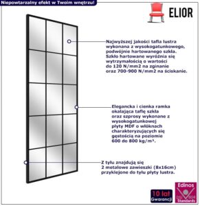 Prostokątne loftowe lustro ze szprosami H7-P81 – nowoczesny design, czarne, 150×60 cm
