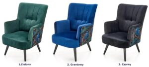 Zielony welurowy fotel wypoczynkowy L2-E09 – ergonomiczne oparcie, naturalne drewno, elegancka tapicerka