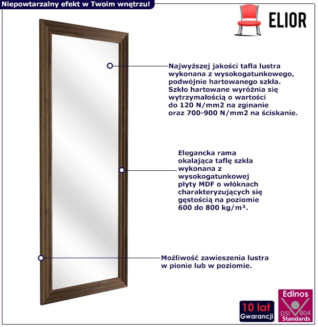 Prostokątne Lustro W Ramie W Kolorze Ciemny Dąb – elegancka dekoracja, 142 cm x 50 cm, szkło hartowane, płyta MDF