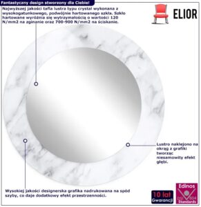 Designerskie lustro w dekoracyjnej ramie K0-C00 – okrągłe, biało-szare, wzór biały marmur, 70 cm, 80 cm, 100 cm