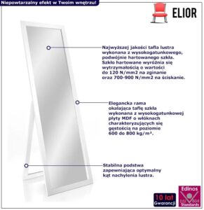 Białe prostokątne lustro stojące K8-C04 – minimalistyczny design, elegancka rama, 146 cm wysokości