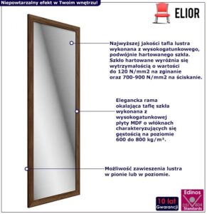 Prostokątne wiszące lustro w orzechowej ramie K6-D63 – nowoczesny design, elegancka rama, 127 cm x 47 cm, szkło hartowane