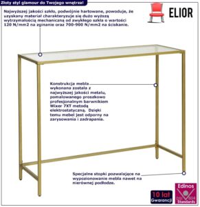 Złota metalowa konsola ze szklanym blatem P2-T52 – wąska, elegancka, styl glamour, złoty, przezroczysty