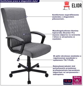 Szary regulowany fotel obrotowy T1-A77 – komfortowe siedzisko, eleganckie pikowanie, nowoczesny design