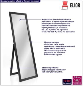 Czarne prostokątne lustro stojące C4-G72 – minimalistyczny design, elegancja, trwałe materiały