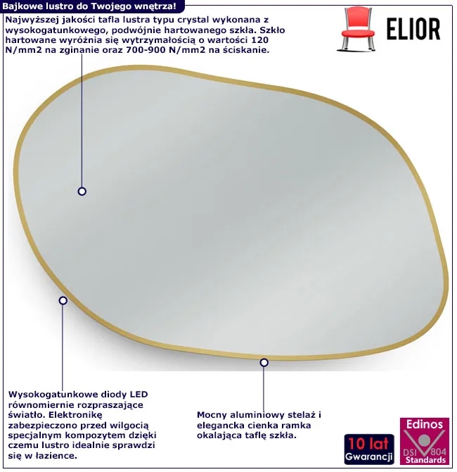 Nieregularne lustro z podświetleniem 50×36 cm Elior – wyjątkowy kształt, stylowe wykończenie