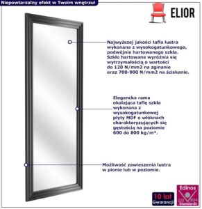 Prostokątne nowoczesne lustro w czarnej ramie T2-W24 – elegancka dekoracja, szkło hartowane, płyta MDF, 142 cm x 50 cm