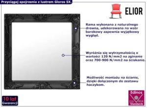 Czarne wiszące kwadratowe lustro L3-G88 – ręcznie rzeźbiona rama, czarny kolor, 60 cm
