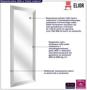 Prostokątne lustro ścienne L8-E85 – elegancka biała rama, 142 cm wysokości, 50 cm szerokości, szkło hartowane