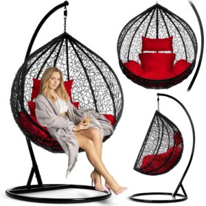 Fotel ogrodowy wiszący – komfortowe siedzisko, czarny stelaż, czerwone poduszki, 202x105x105 cm