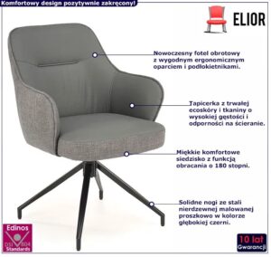 Popielaty fotel obrotowy tapicerowany Z8-C60 – ergonomiczne wsparcie, skandynawski styl, stalowy stelaż