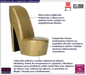 Fotel w kształcie buta na obcasie W6-B37 – unikalny design, złoty kolor, ekoskóra