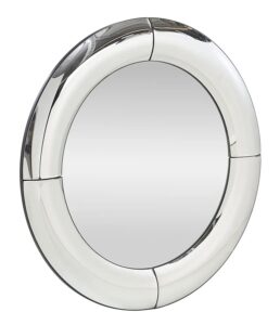 Okrągłe srebrne lustro wiszące Elior – elegancka rama z giętego szkła, 80 cm x 80 cm