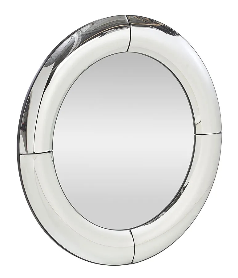 Okrągłe srebrne lustro wiszące Elior – elegancka rama z giętego szkła, 80 cm x 80 cm