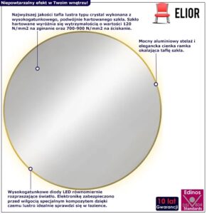 Złote Okrągłe Lustro Podświetlane Wiszące C2-N43 – ledowe oświetlenie, aluminiowy stelaż, okrągłe