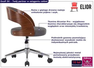 Szary minimalistyczny fotel biurowy retro W6-P80 – ergonomiczne siedzisko, ekologiczna skóra, drewno orzecha włoskiego