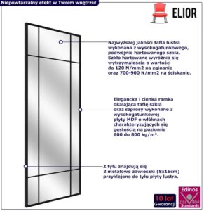 Prostokątne industrialne lustro ze szprosami K5-M26 – loftowy design, czarne, 150×60 cm