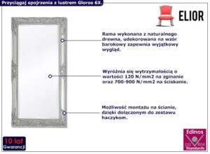 Stylowe prostokątne lustro wiszące S9-A46 – bogate rzeźbienie, srebrny, 50×100 cm, drewno mango