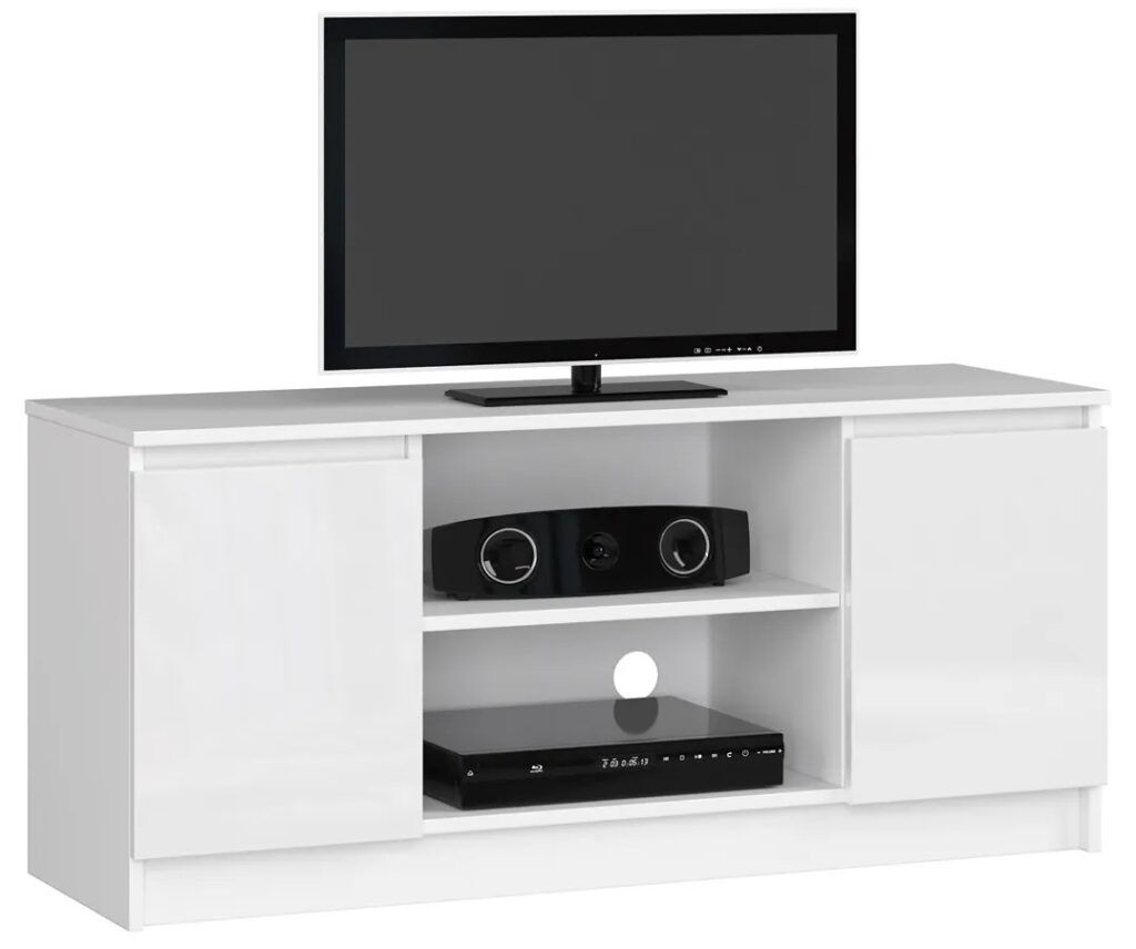 Biała szafka pod telewizor w połysku – Galapi 4X, praktyczna elegancja, 120 cm, laminowana płyta