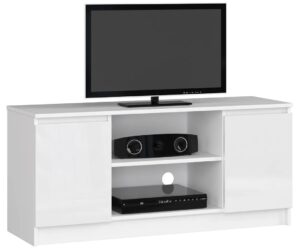 Biała szafka pod telewizor w połysku – Galapi 4X, praktyczna elegancja, 120 cm, laminowana płyta