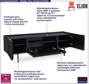 Czarna nowoczesna szafka pod telewizor – minimalistyczny design, przestronne szafki, metalowe nogi