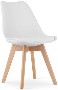 Komplet białych skandynawskich krzeseł z poduszką 4 szt. – Ares 3S, ergonomiczne siedzisko, naturalne drewno bukowe, łatwy montaż