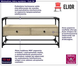 Loftowa Szafka Ze Szklanym Blatem Dąb Sonoma W3-E77 – industrialny design, szklany blat, 95 cm szerokości