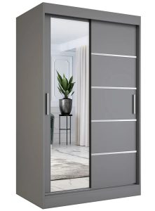 Antracytowa szafa przesuwna 120 cm – Ebia 3X, system jezdny, uniwersalny design, 2 układy wnętrza