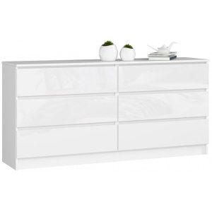 Komoda do sypialni, 6 szuflad, 160x40x77 cm, biel, połysk