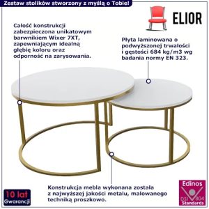Zestaw dwóch nowoczesnych stolików kawowych – Satell 4X, biały + złoty, metal, laminat