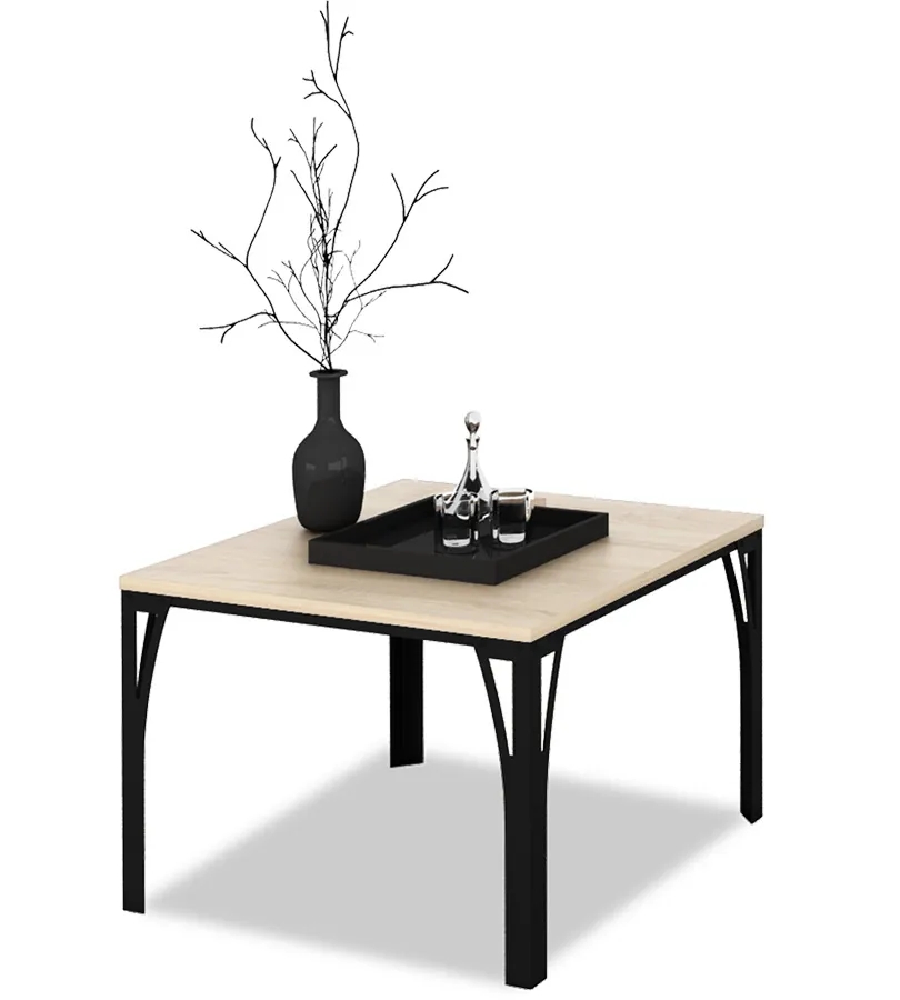 Loftowy stolik kawowy Dimea 4X – nowoczesny design, czarny + dąb sonoma, 65x65x45 cm, metal, płyta laminowana