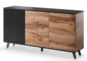 Industrialna komoda z lamelami na nóżkach – Frezi 6X, dąb wotan + czarny, 160x40x82 cm, MDF