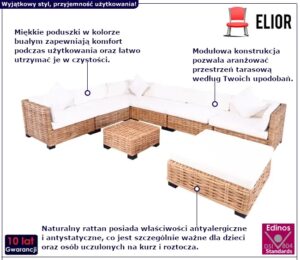 8 częściowy zestaw wypoczynkowy z poduszkami E3-P70 – naturalny rattan, biały kolor, styl boho