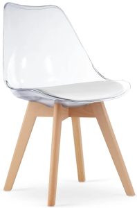 Komplet Przezroczystych Krzeseł Z Białą Poduszką Z Ekoskóry 4 Szt. Elior – ergonomiczne siedzisko, mocna podstawa, skandynawski styl