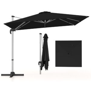 Parasol z podstawą krzyżową i aluminiowym słupkiem 300 x 300 x 261 cm – regulowane nachylenie, duży obszar cienia, czarny